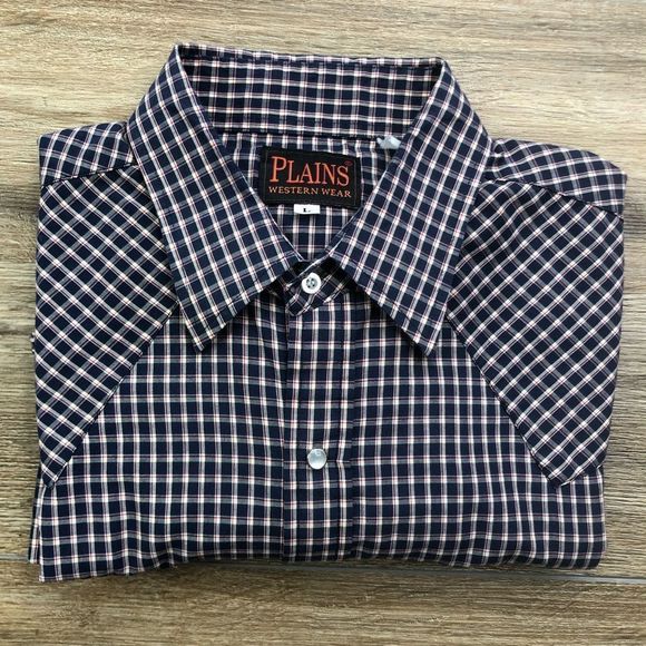 Plains 90s Vintage Western Plaid Short Sleeve Snap Shirt sz L - Picture 1 of 9